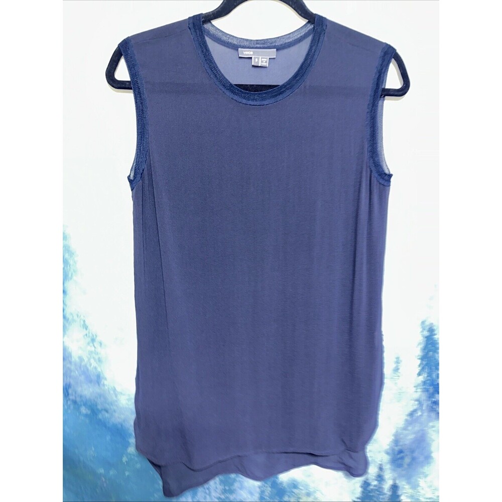 Vince Silk Sheer Chiffon Sleeveless Split Hem Tunic Blouse Navy Blue Size S
